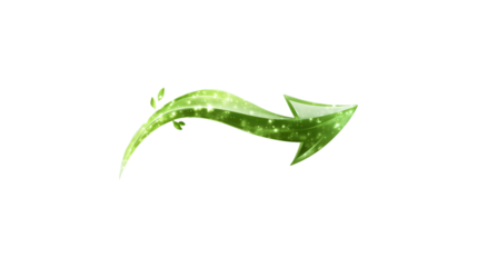 A green arrow pointing down. The arrow is made of glass and is very shiny. It is on a trasparent background	