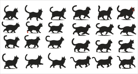 Obraz premium Set of cat walking and running silhouettes, Abstract cat silhouettes collection for design projects, Various cat silhouettes in different poses, Set of cat silhouettes on white background