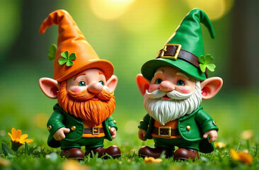 Leprechauns wizard in green attire. Happy St. Patrick Day With Cute Gnomes On Banner Design, Leprechaun Character.