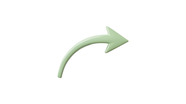 A green arrow pointing down. The arrow is made of glass and is very shiny. It is on a trasparent background	