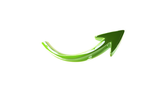 A green arrow pointing down. The arrow is made of glass and is very shiny. It is on a trasparent background	