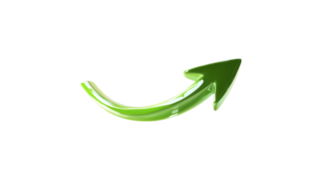 A green arrow pointing down. The arrow is made of glass and is very shiny. It is on a trasparent background	