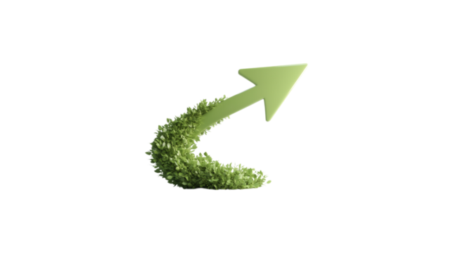 A green arrow pointing down. The arrow is made of glass and is very shiny. It is on a trasparent background	