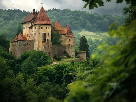 orange castle towers on a green hill with thick trees, with a forest background presenting a secluded landscape. - Powered by Adobe