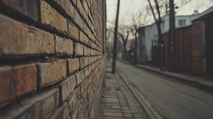 Close-up of aged brick wall beside a quiet street.