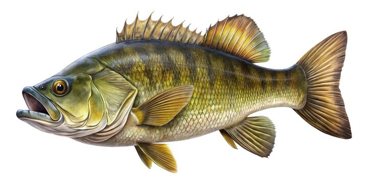 A photorealistic digital painting of a smallmouth bass, rendered in high resolution by AI, showing intricate detail.