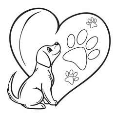 Cute Puppy in Heart Shape with Paw Prints, Line Art, Black and White