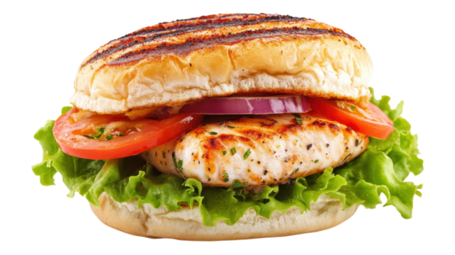 Grilled chicken sandwich with fresh vegetables on a toasted bun, served as a healthy meal option at lunchtime.