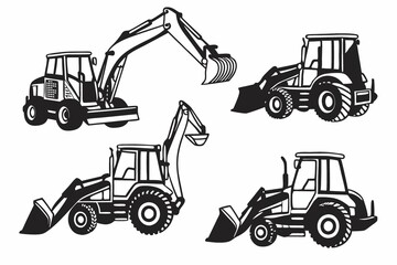 Black and White Excavator and Loader Illustration Set