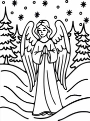 Christmas Angel in Winter Landscape: Line Art Illustration
