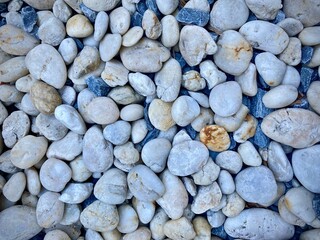 A garden decorated with white pebbles of various sizes.