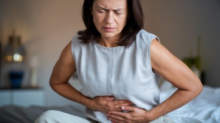 Obraz premium Woman in White Blouse Experiencing Abdominal Pain While Sitting on Sofa at Home