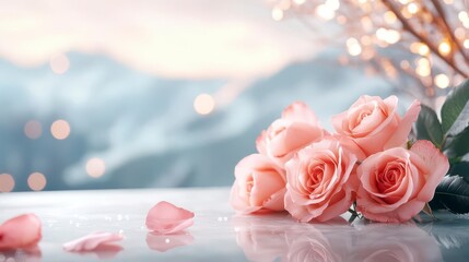 Delicate blush roses, petals scattered; soft, romantic ambiance.
