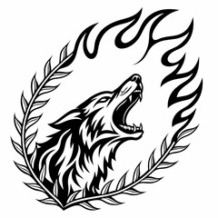 Howling Wolf Tribal Tattoo Design, Fiery Flames, Vector Art
