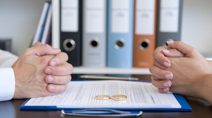 Couple's Hands on Divorce Papers with Wedding Rings During Legal Separation Meeting at Attorney Office
