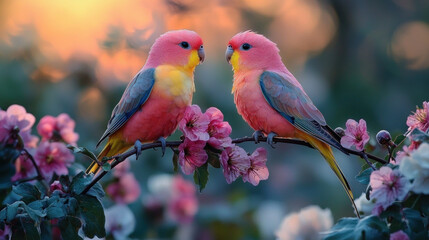 Colorful parrots perched on blossoming branch at sunset