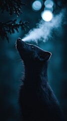 Obraz premium A dark animal gazes upward, exhaling mist in a moody, atmospheric setting.