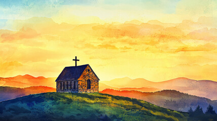 A serene watercolor of an old stone church on a hill at sunset, with a cross silhouetted against the sky and rolling hills in the distance, evoking peace and spiritual reflection.