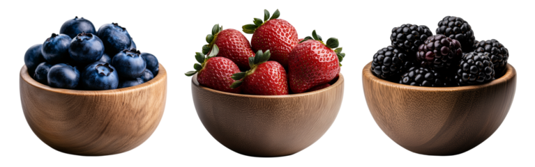 wooden bowl full of berries like strawberry, blueberry and blackberry, isolated on a transparent background
