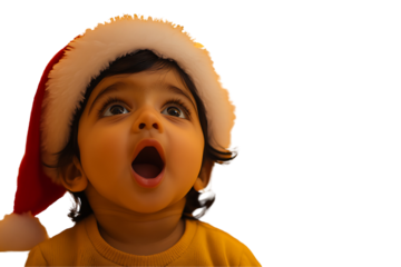 A surprised toddler wearing a Santa hat, with an excited expression, isolated on a transparent background.