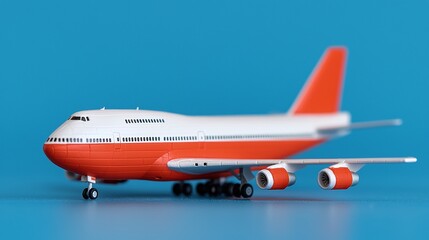 Orange and white airplane model on blue background.