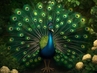 Obraz premium a peacock displaying its feathers, a vibrant and detailed show of wildlife in a natural outdoor setting.