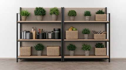Modern shelving unit with plants, containers, and kitchenware.