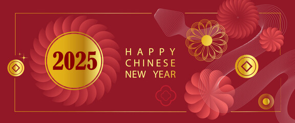Chinese New Year 2025 modern art design in red,gold and white colors of snake.Year of snake,lunar Chinese 2025 banner template design zodiac snakes,gold flowers symbol background for poster,banner