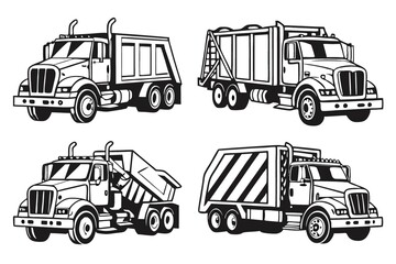 Four Types of Garbage Trucks: Dump Truck, Refuse Truck Vector Illustration
