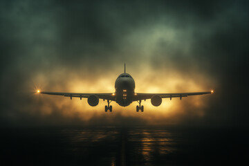 Realistic photograph of an airplane taking off from the airport runway, The background is dark and gloomy. 