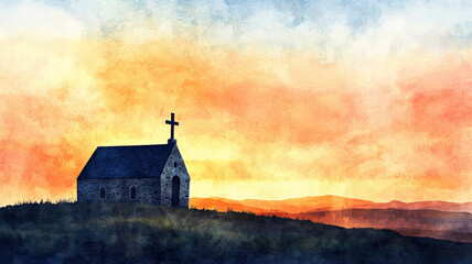 Fototapeta premium A serene watercolor of an old stone church on a hill at sunset, with a cross silhouetted against the sky and rolling hills in the distance, evoking peace and spiritual reflection.