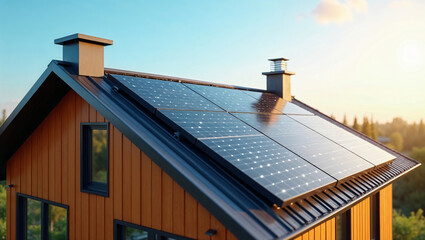 Solar panels on dark metal roofing with a woodsided house. Suitable for ecofriendly, sustainable living, green energy concepts, residential architecture.