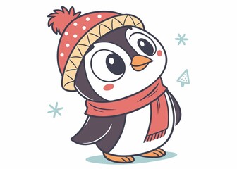 Adorable Penguin in Winter Hat and Scarf Cartoon Illustration