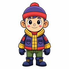 Cute Cartoon Boy in Winter Outfit, Happy Child, Winter Fun