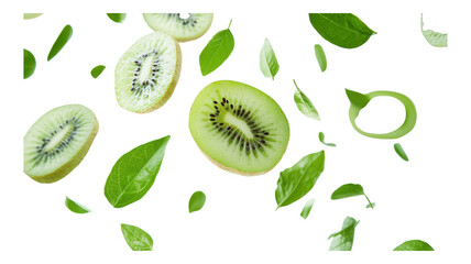 Fototapeta premium Fresh kiwi slices and green leaves floating against a transparent background, showcasing vibrant colors in a playful arrangement.