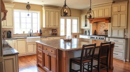 Fototapeta premium A spacious kitchen featuring wooden cabinets and a central island with seating.