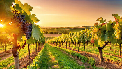 Sunset illuminates grapevines in a picturesque vineyard landscape showcasing nature's beauty