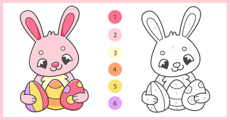 Color by numbers coloring book for kids with cute pink rabbit with Easter eggs. Coloring page with cartoon bunny. Vector illustration.