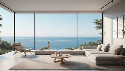 Fototapeta premium Coastal living room with panoramic ocean view and modern furniture during sunny daytime