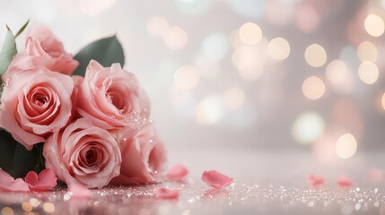 Fototapeta premium Delicate pink roses, glistening with dew, rest on a bed of shimmering glitter against a soft, blurred background.