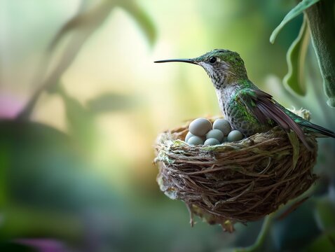 hummingbird on a nest with green eggs, a blurred soft background with leaves shows a calm wildlife moment.