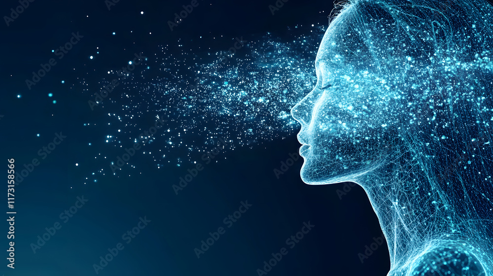 Poster a digital representation of a woman's profile, merging with particles and light, symbolizing creativ