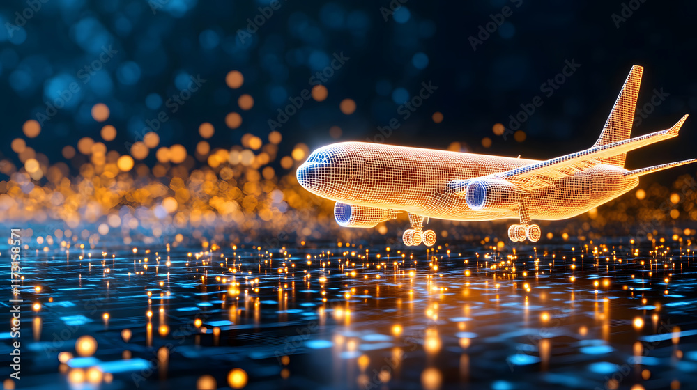 Poster a digital representation of an airplane, illuminated by glowing particles, set against a dark backgr