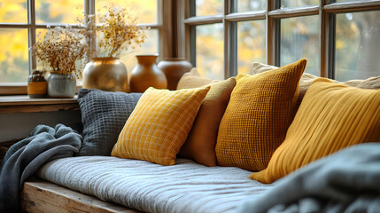 Cozy autumn window seat with yellow and gray pillows, blankets, and dried flowers.