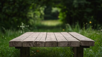 Fototapeta premium Rustic wooden table in a lush green garden.