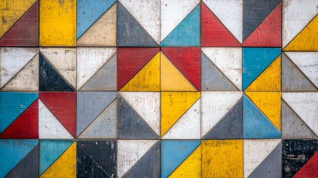Colorful Geometric Pattern with Triangles and Rectangles on Wood