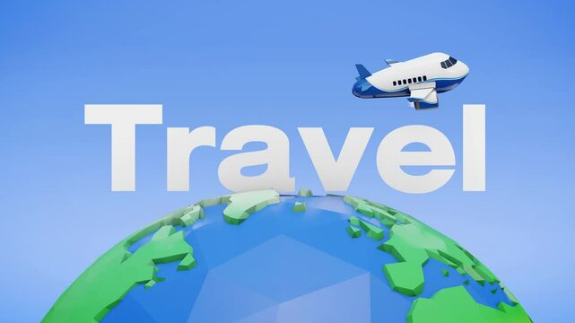 A vibrant 3D illustration featuring the word "Travel," a low-poly Earth, and a blue-and-white airplane. Ideal for travel, tourism, and adventure-themed projects.