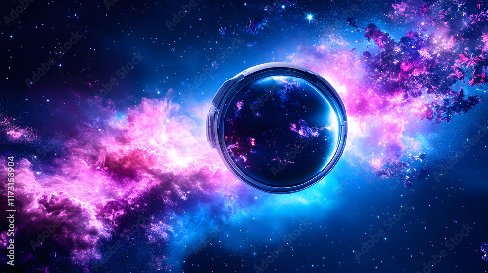 Poster a vibrant cosmic scene featuring a glowing orb surrounded by colorful nebulae and starlit background