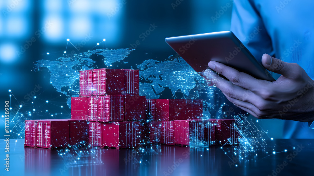 Aufkleber A person uses a tablet while surrounded by digital graphics of stacked shipping containers and a global network
