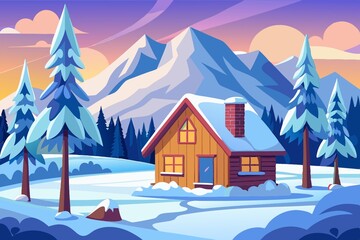 Cozy Winter Cabin in Snowy Mountains Landscape Illustration